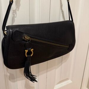 Authentic Salvatore Ferragamo Black Leather Gancini Shoulder Bag  Gold Hardware